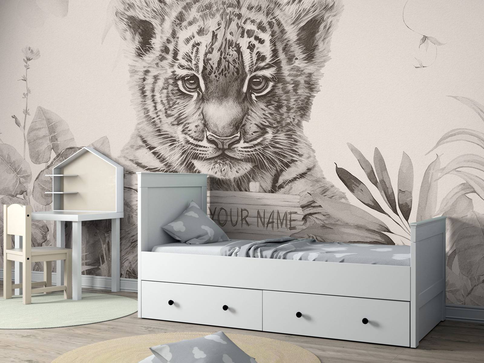 Cute tiger with plants beige