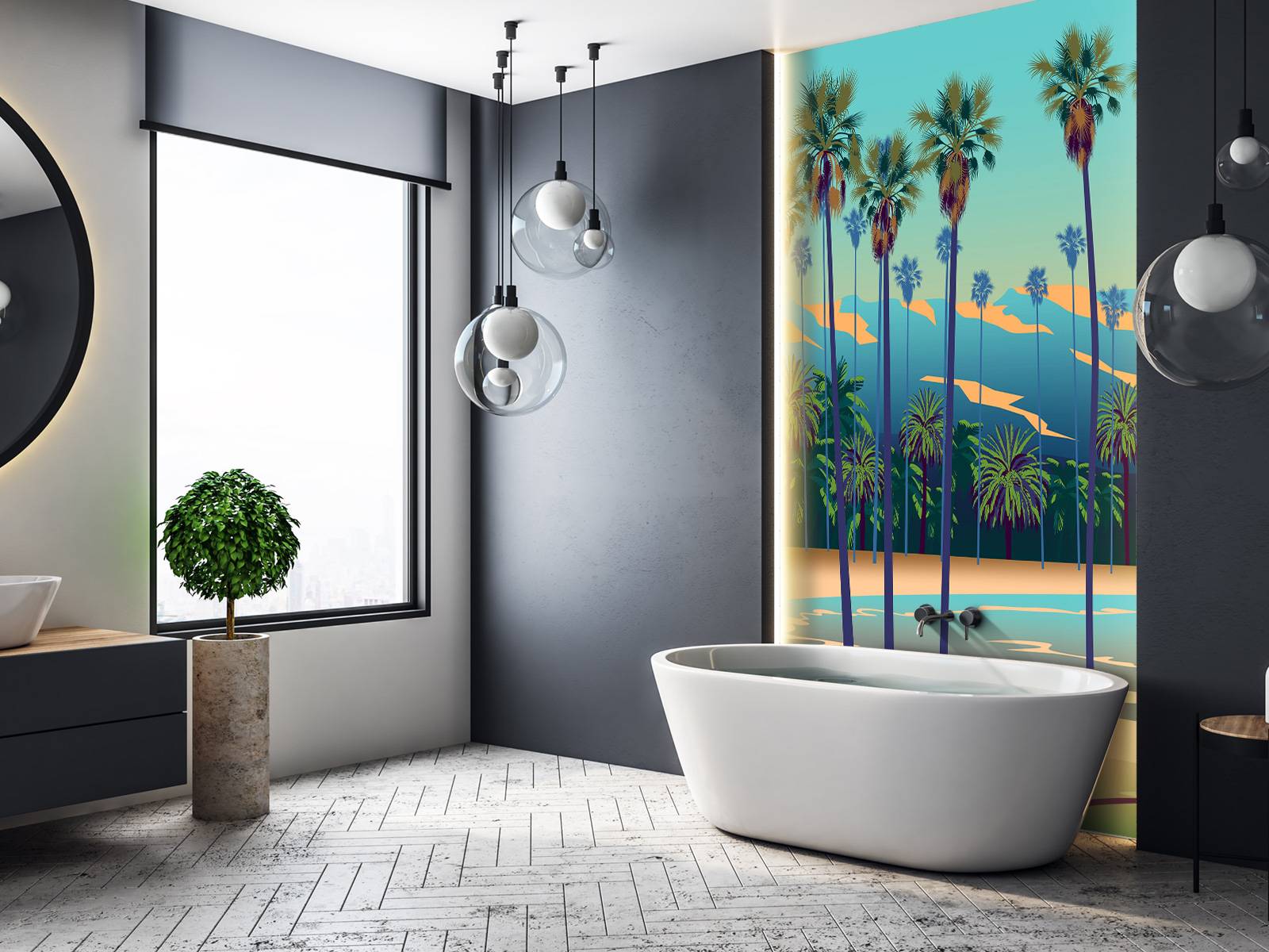 Drawn lake with palm trees