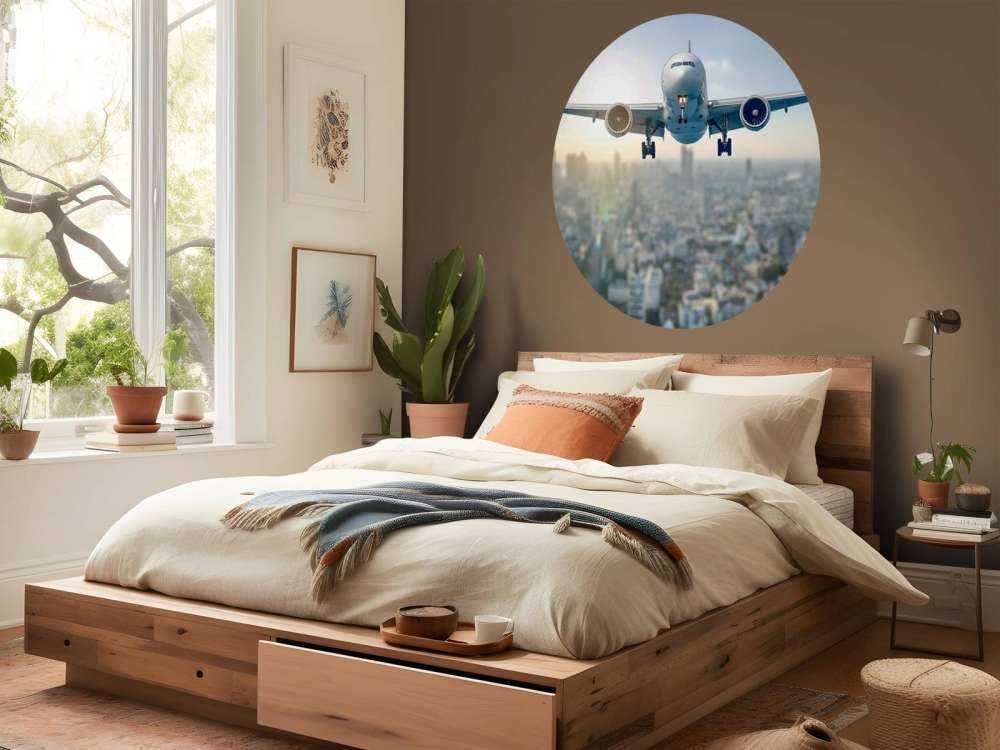 Descending airplane over a city