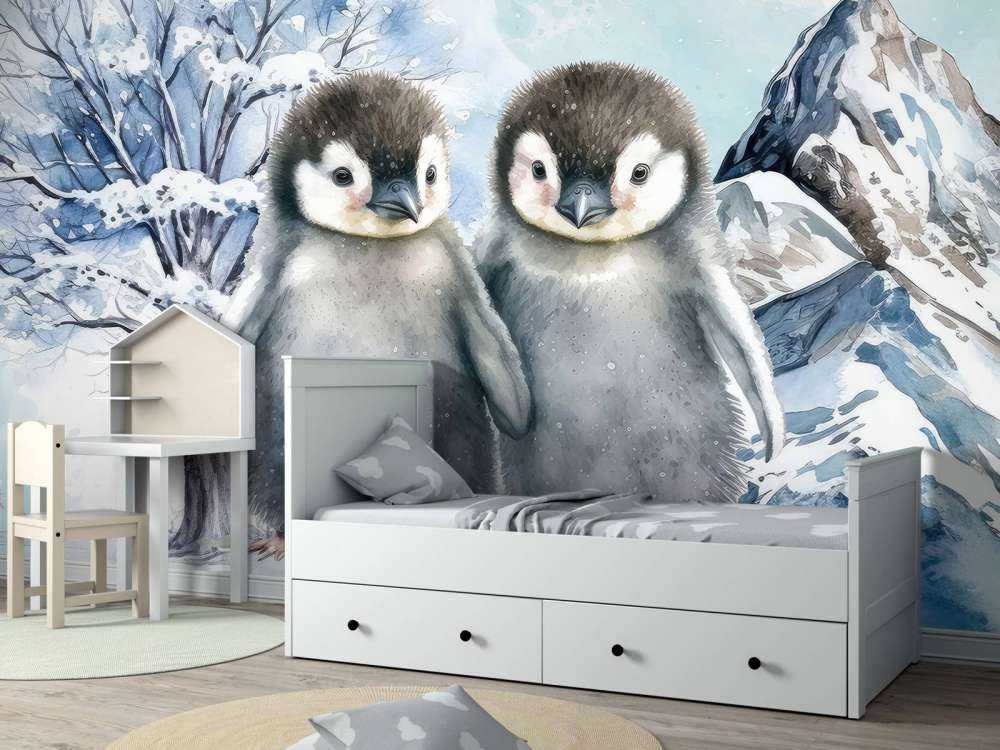 Cute penguins in winter landscape