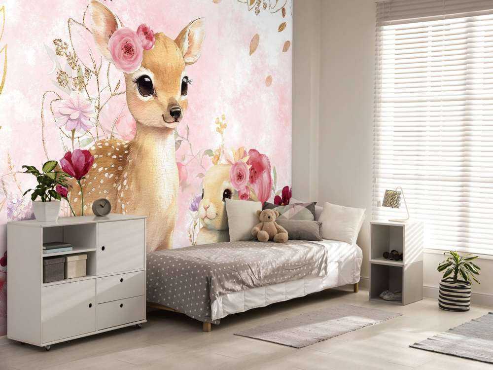 Fawn and rabbit in floral splendor