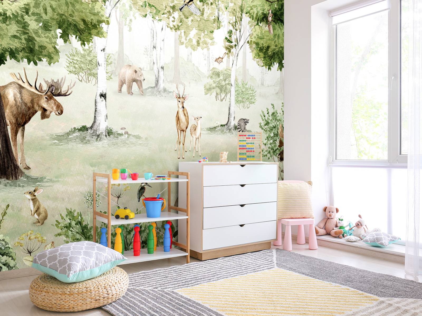 Large Size Wall Mural With Hand Drawn Watercolor Forest Animals And Plants. Stock Illustration