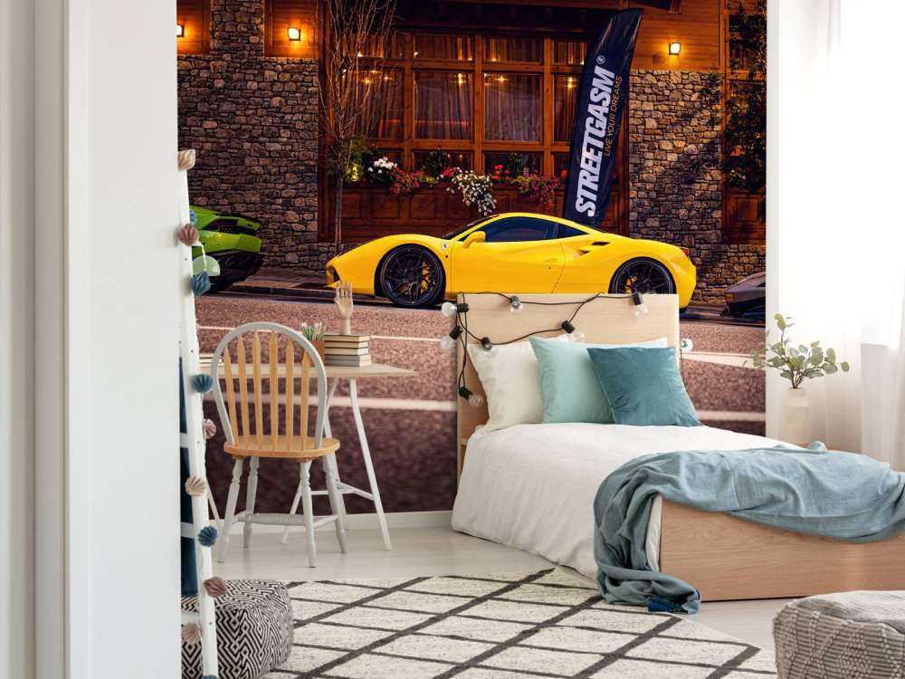 Exclusive cars at wooden lodge