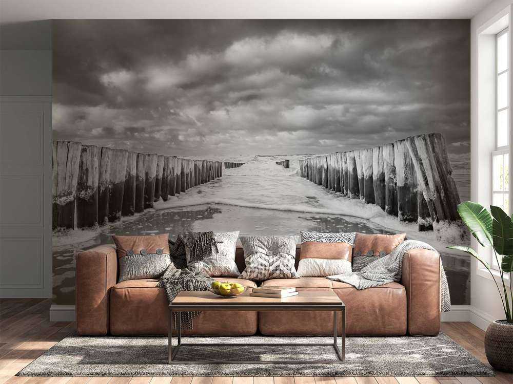 Troubled sea in black and white