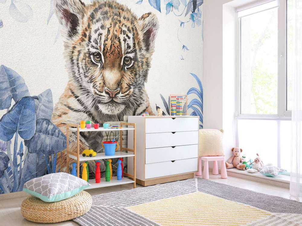 Cute tiger with plants blue