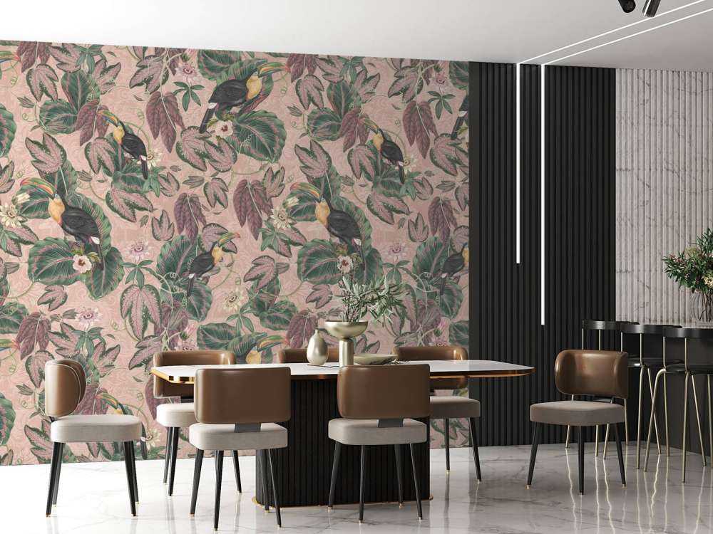 Tropical Jungle birds & toucans - pink