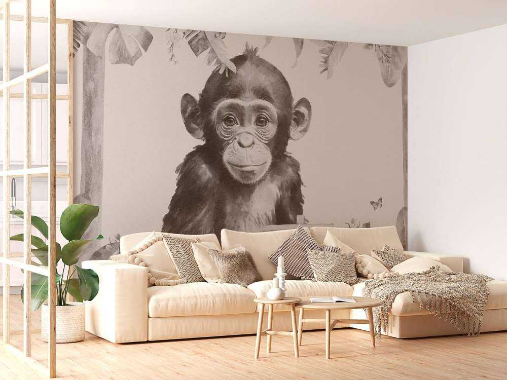 Baby chimpanzee in the jungle beige