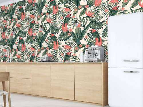 Tropical plants, flowers and birds