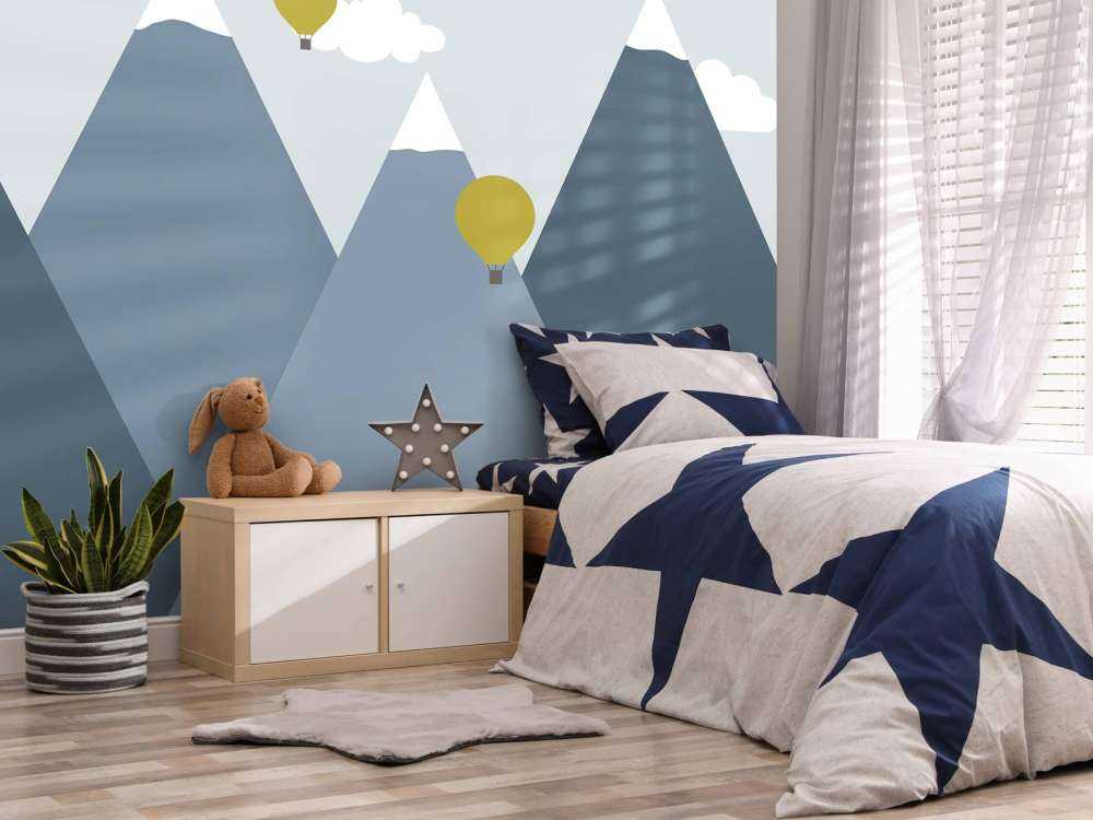 Blue mountains with hot air balloons