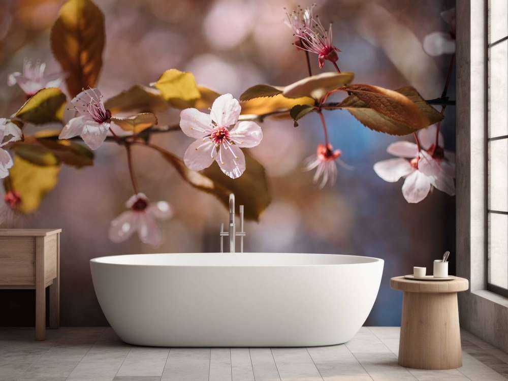 Pink blossoms and brown leaves