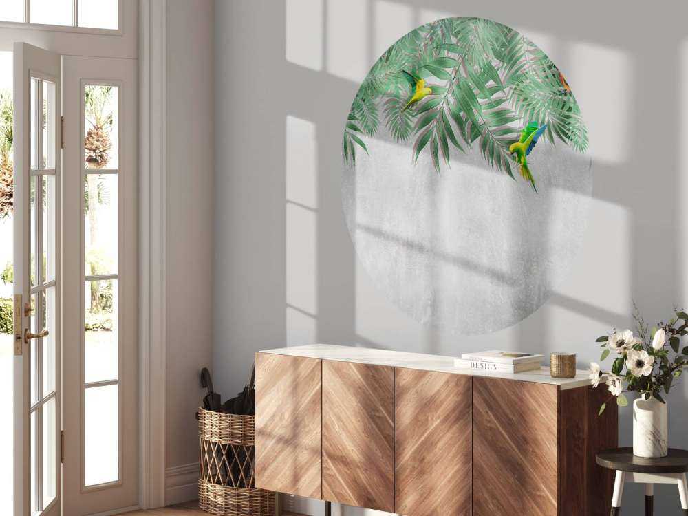 Tropical leaves and parakeets