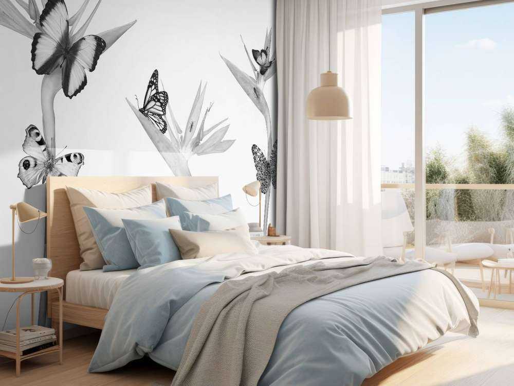 Butterflies on bird of paradise flowers