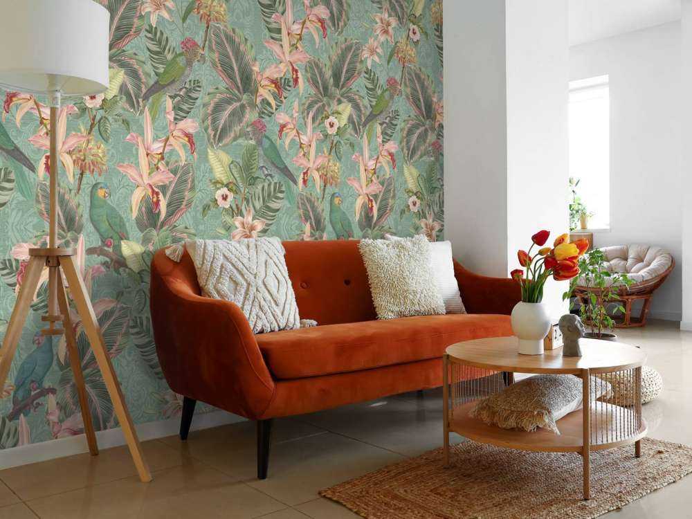 Tropical Jungle birds & parrots - mint green