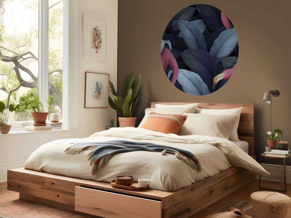 Flamingos with leaves