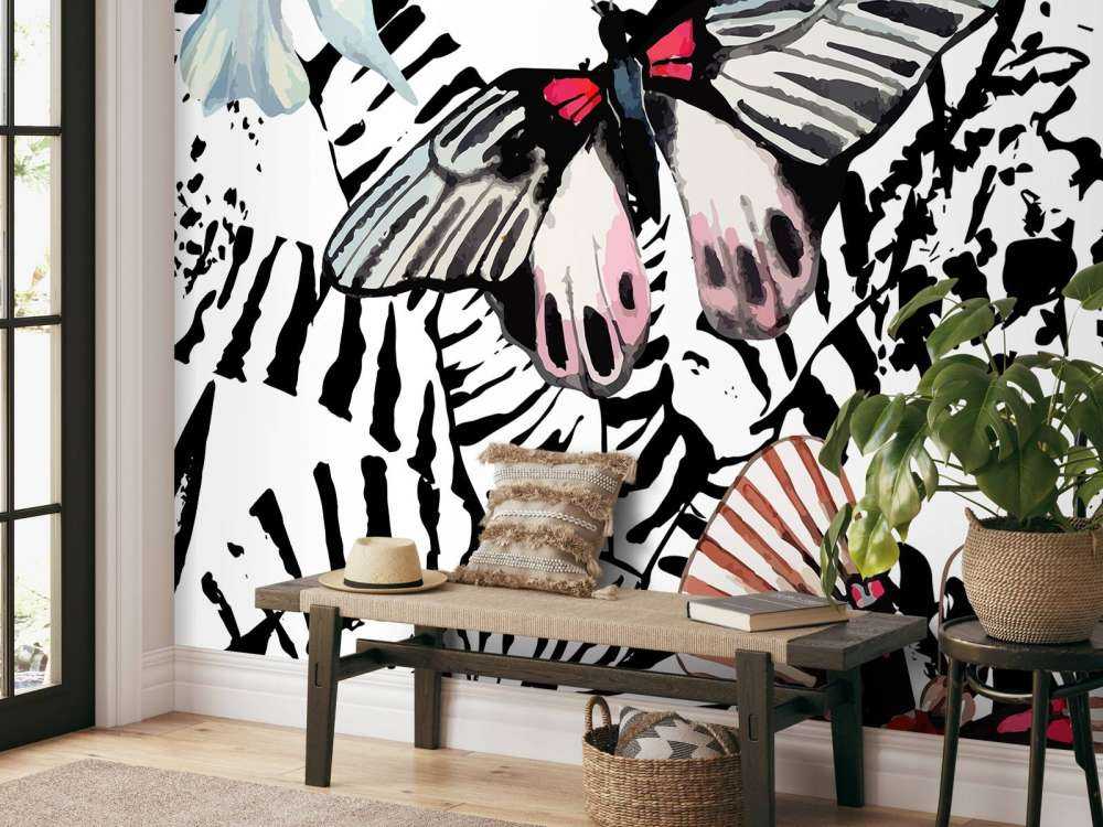 Aquarel van exotische vlinders en bloemen