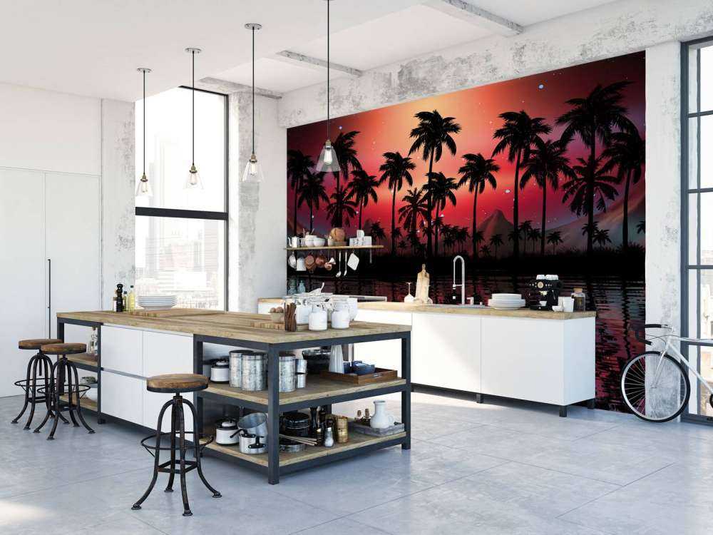 Palm trees in red sky