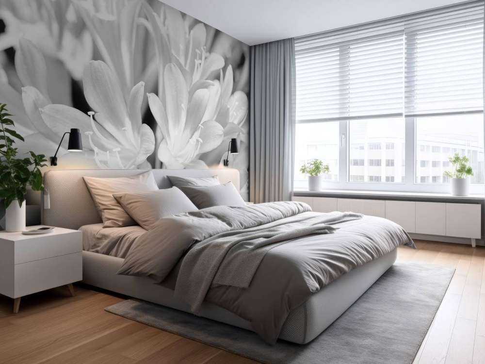Flowers in bloom, black and white