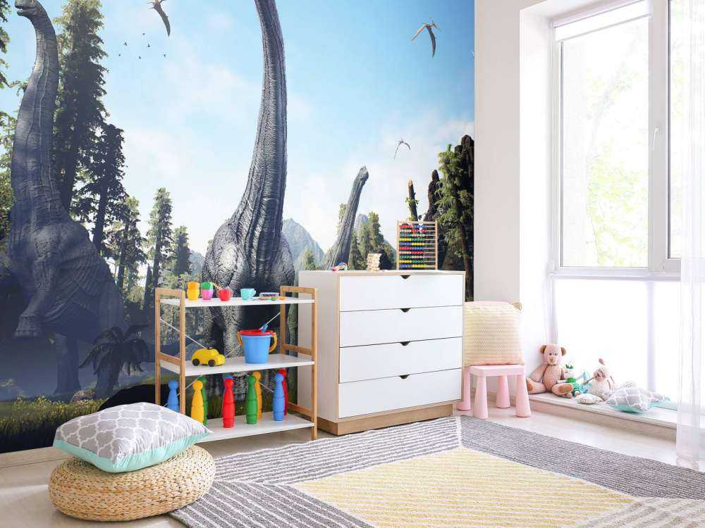 Alamosaurus group walking through a valley