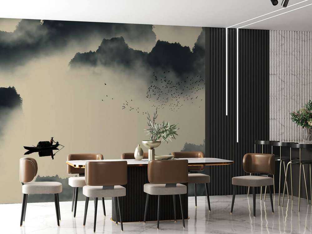 Bootje in mistig landschap