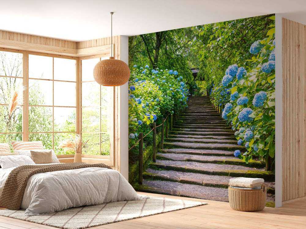 Stairs between hydrangeas