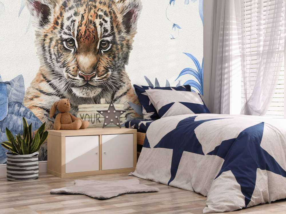 Cute tiger with plants blue