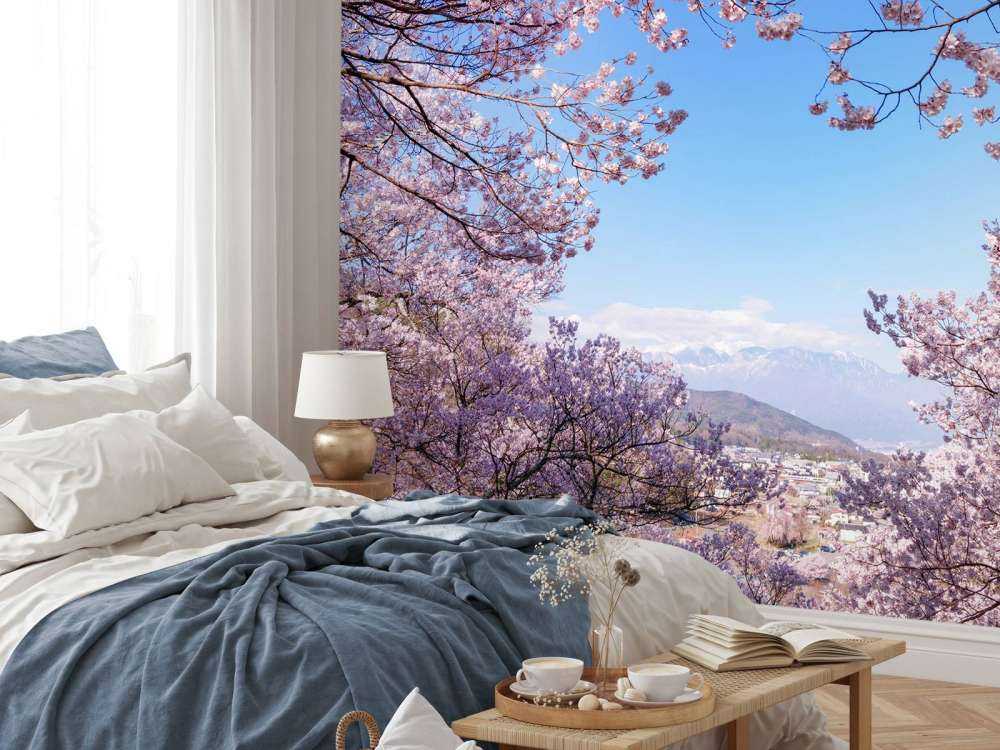 Pink blossoms with mountains