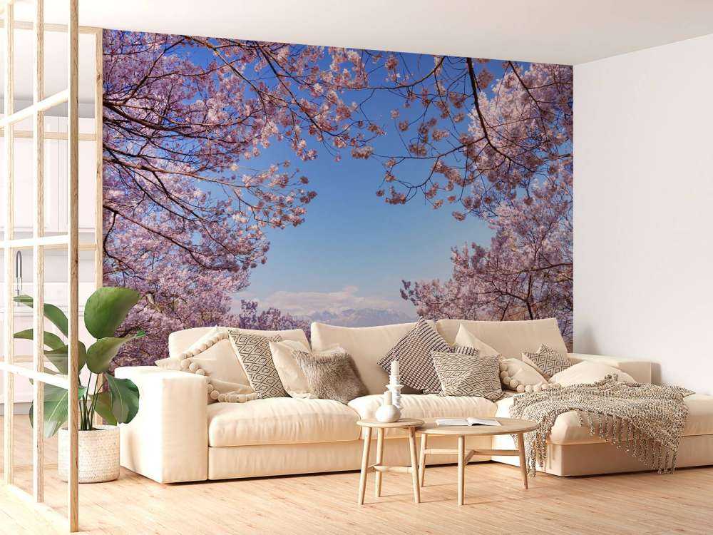 Pink blossoms with mountains