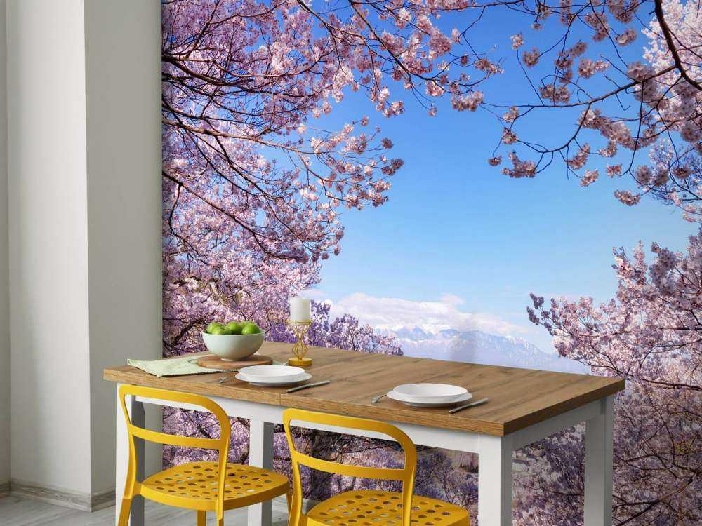 Pink blossoms with mountains