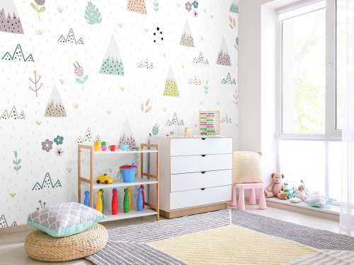 Mountains, plants and flowers pattern