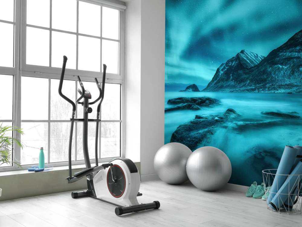 Blue northern lights with mountains