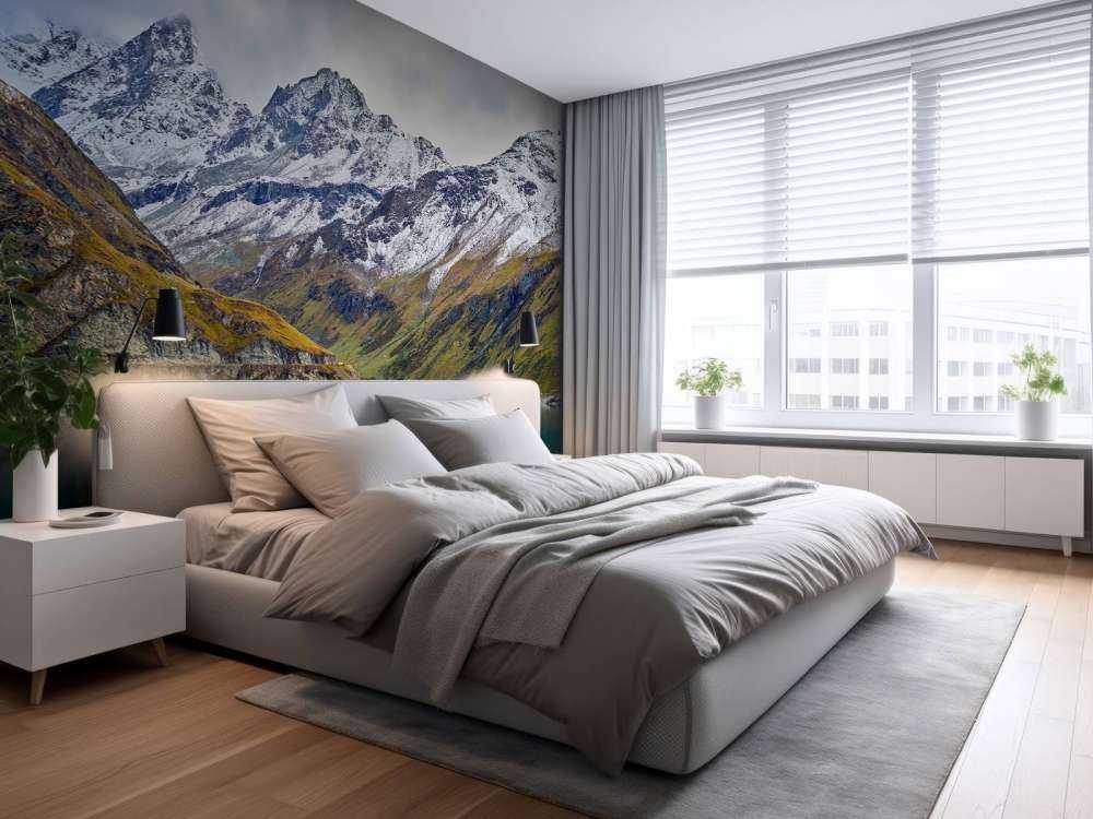 Mountain peaks with snow near mountain lake