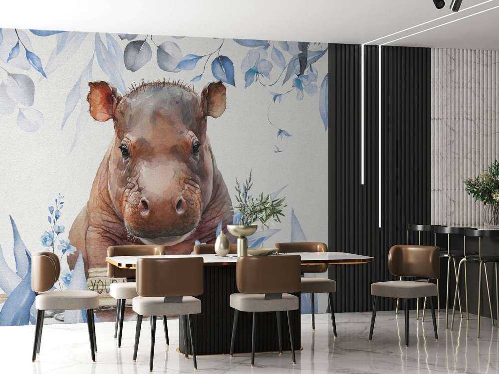 Baby hippo in the leaves blue