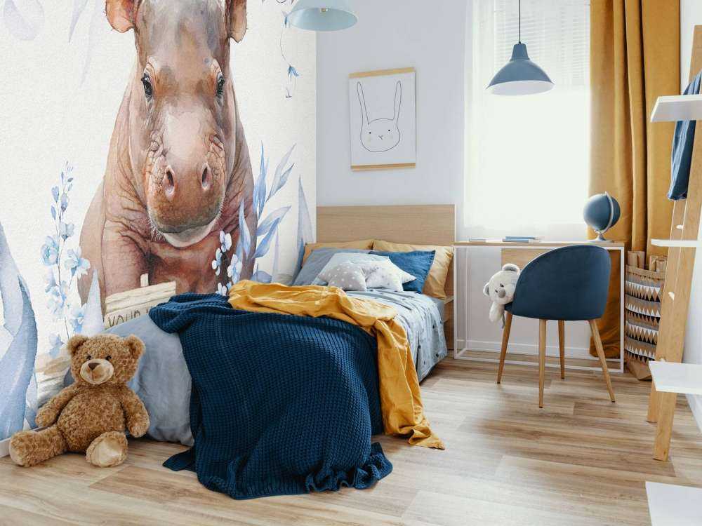 Baby hippo in the leaves blue