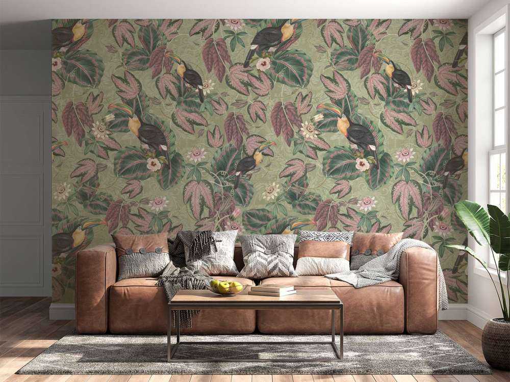 Tropical Jungle birds & toucans - sage green