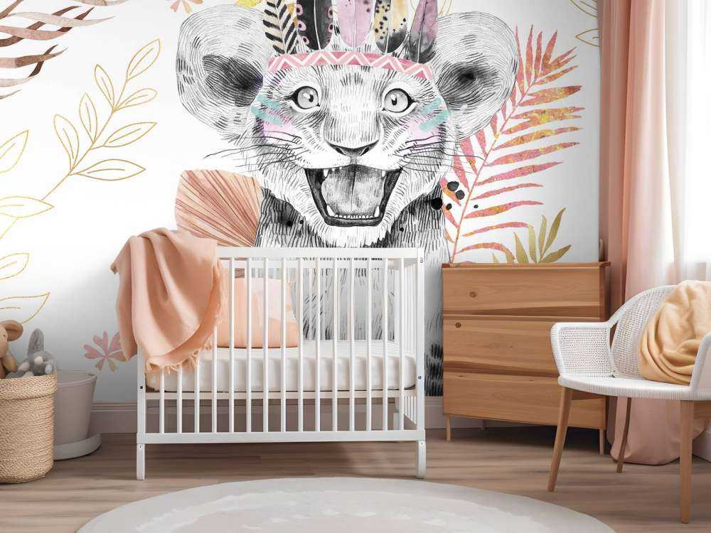 Baby lioness with coral pink and gold leaves