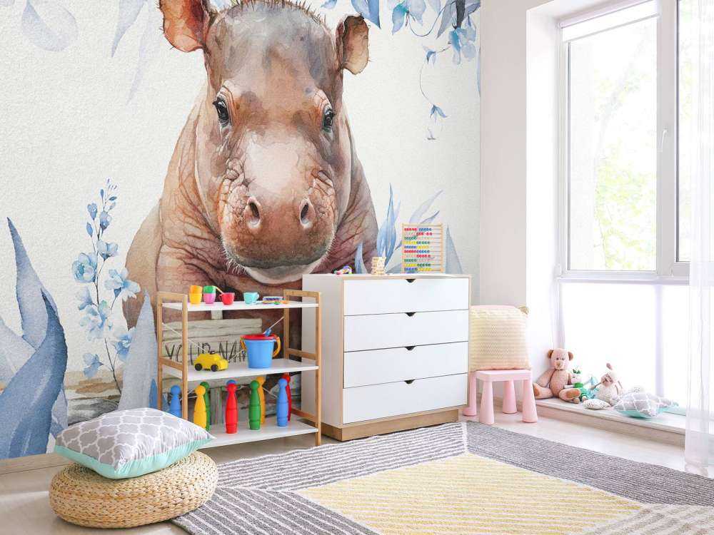 Baby hippo in the leaves blue