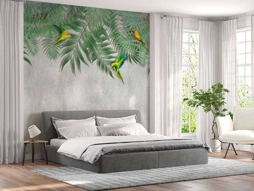 Tropical leaves and parakeets