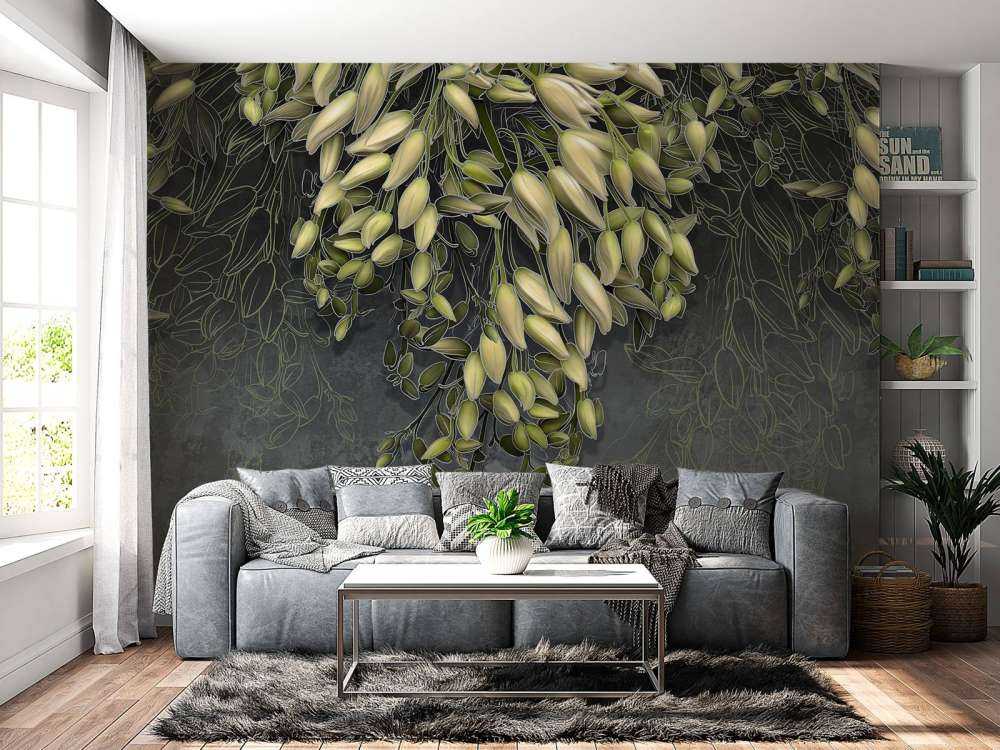 White flower calyxes on a dark gray concrete structure