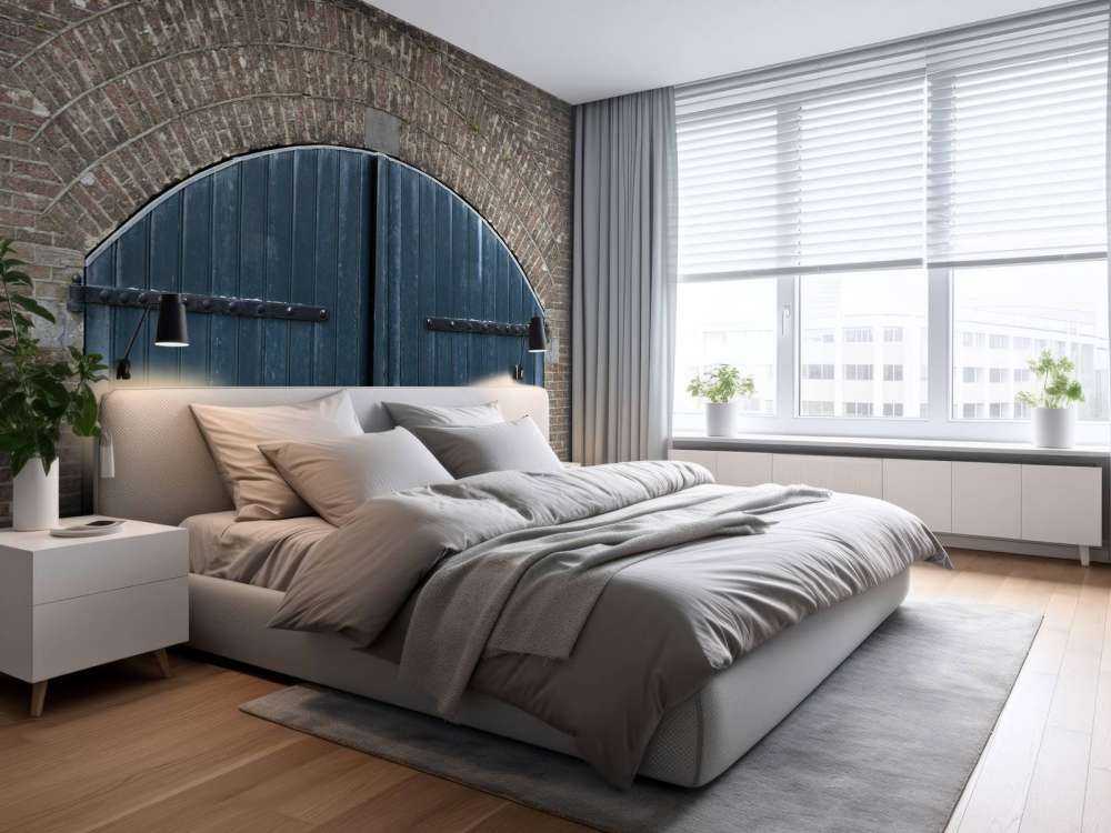 Bakstenen muur met blauwe deuren