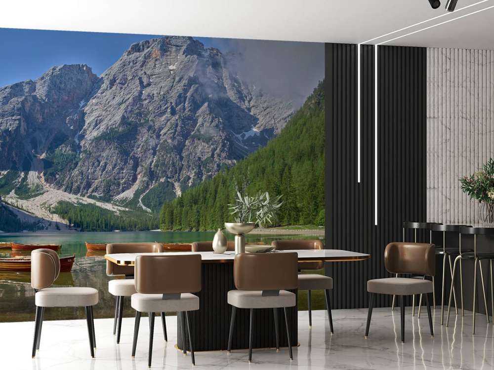 Wooden boats in mountain lake