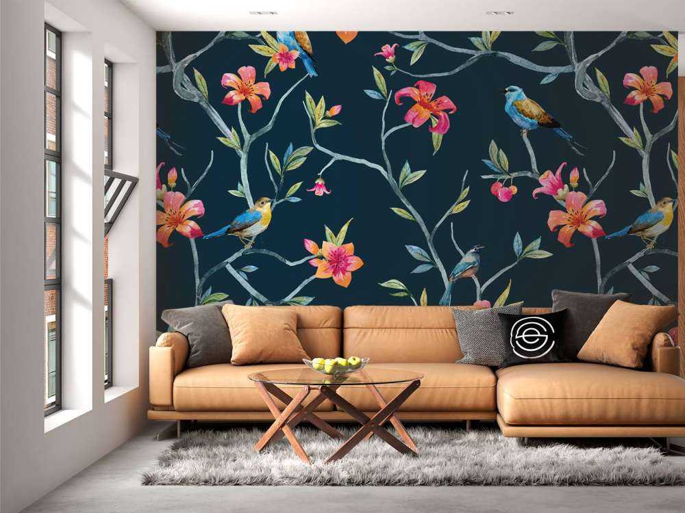 Tropical flowers and birds