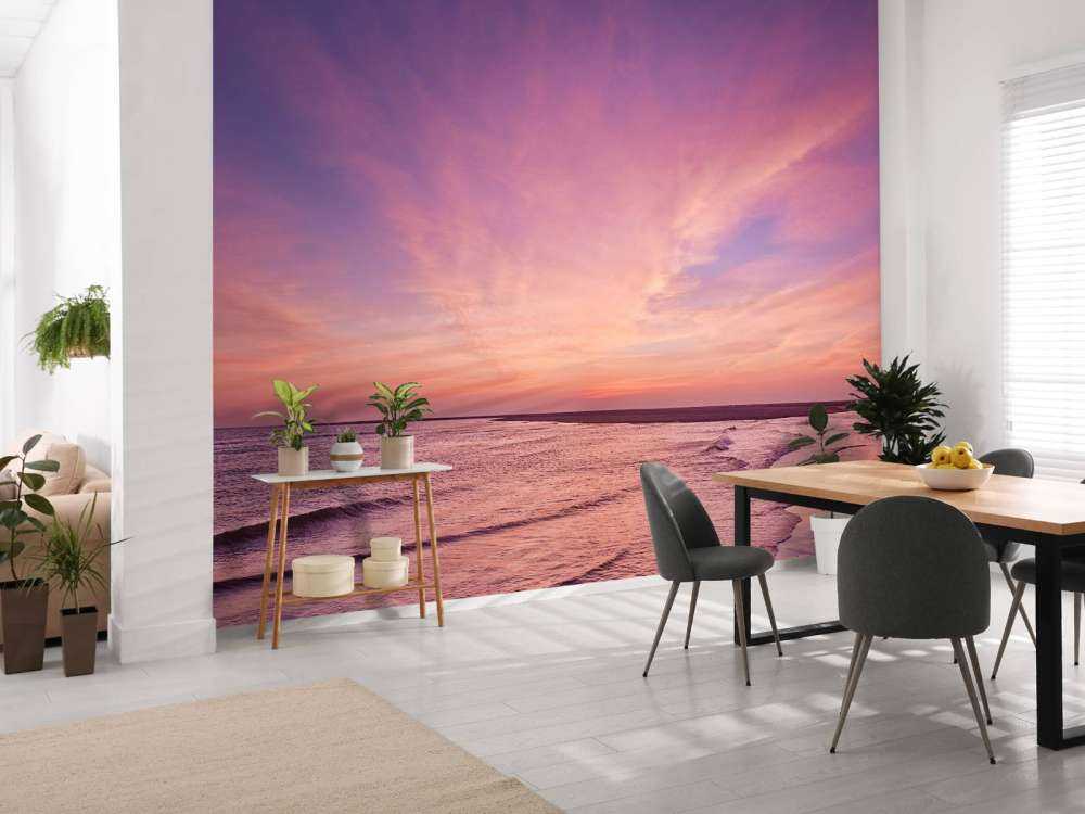 Beach with pink sunset