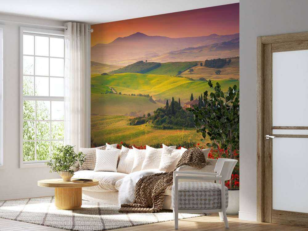 Red poppies with Italian landscape