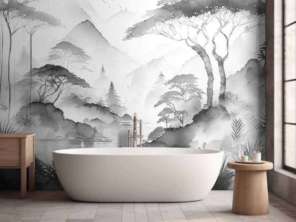 Mountain Lake in Misty Ink