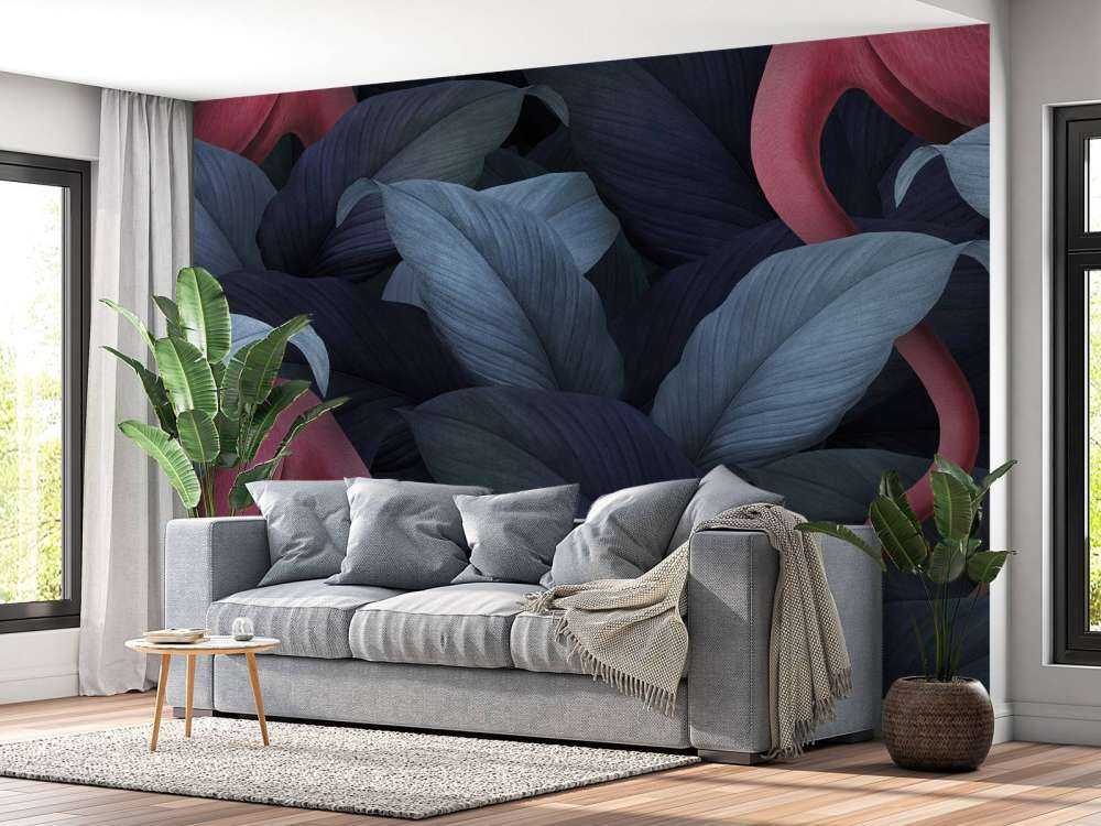 Flamingos with leaves