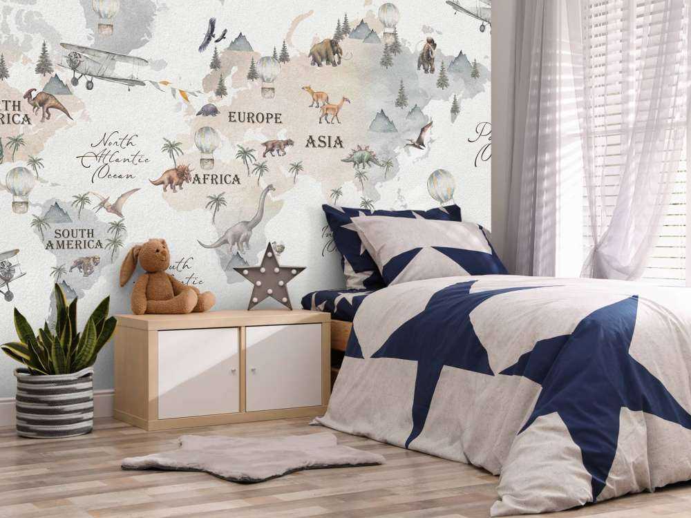 World map with dinosaurs