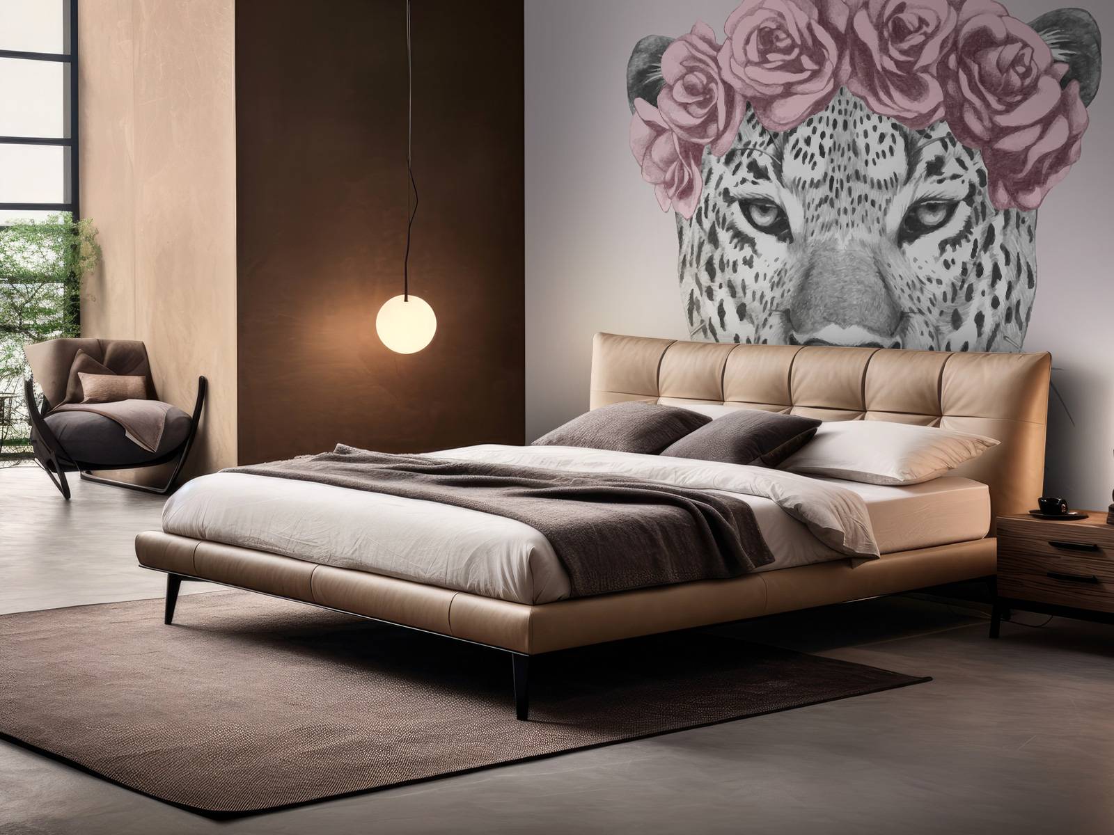 Leopard with pink flowers