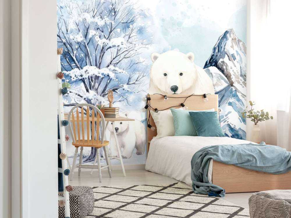 Polar bears in winter mountains