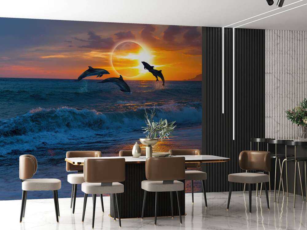 Dolphins with sunset