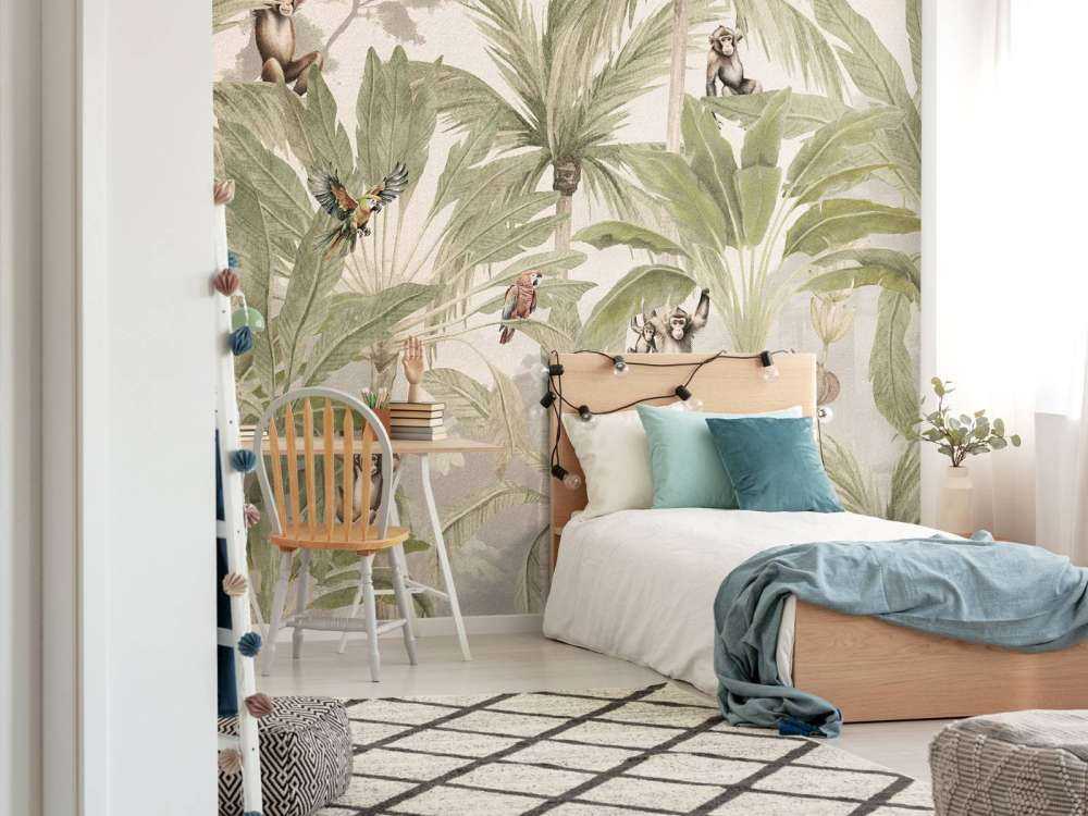 Jungle with monkeys and parrots